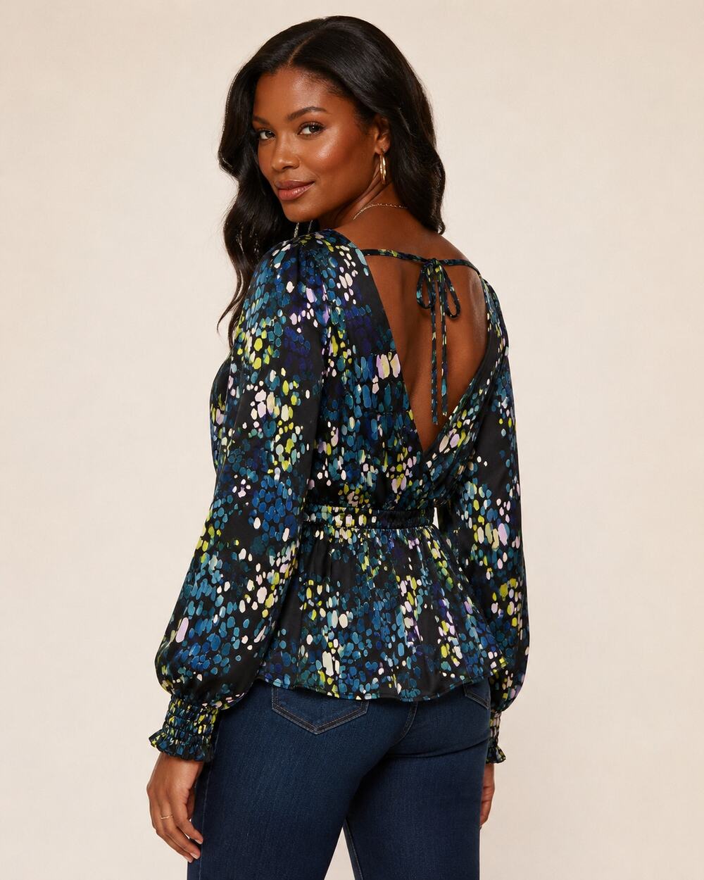 Torrid Black Abstract Print Open Back Peplum Blouse Size Large